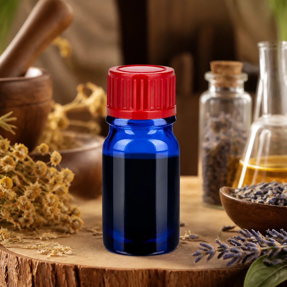 Botella de vidrio BlueLine UT18/5 de 5 ml con tapón rojo ideal para aceites esenciales y aromaterapia