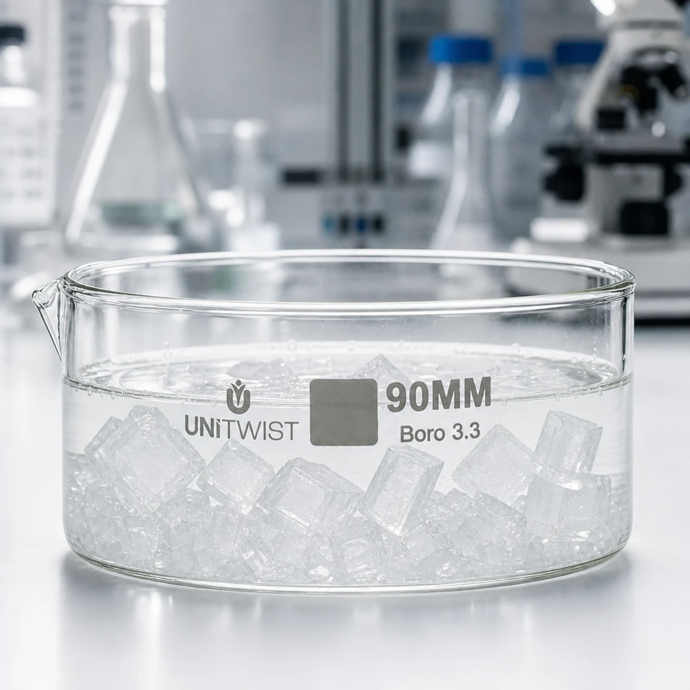 Cuenco de cristal plano de 90 mm con cubitos de hielo, de vidrio borosilicato de laboratorio UNiTWIST Boro 3.3