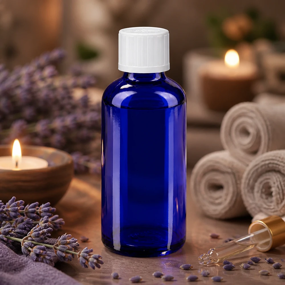 Botella de cristal azul de 50 ml con tapón de seguridad para niños de color blanco, entre flores de lavanda y velas