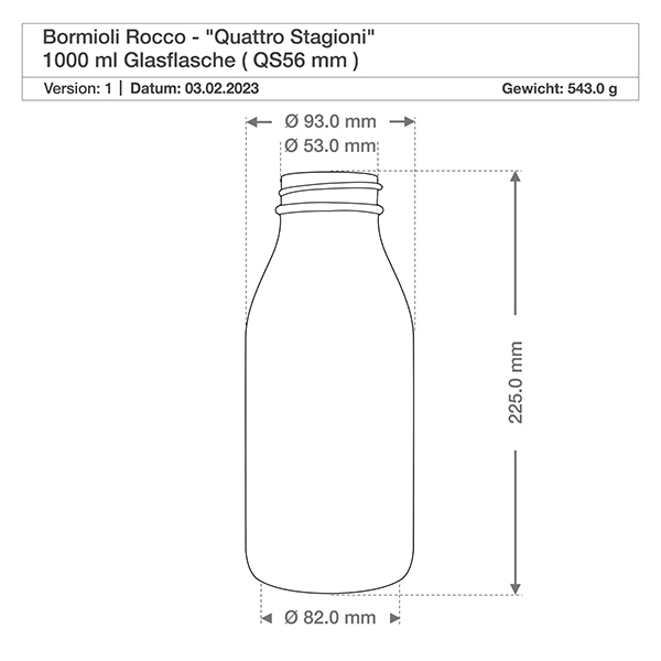 Frasco de cristal de 1000ml "Quattro Stagioni" con tapa Dibujo técnico de la botella de vidrio Quattro Stagioni 1000ml con dimensiones, diámetro 82mm, altura 225mm, peso 543g