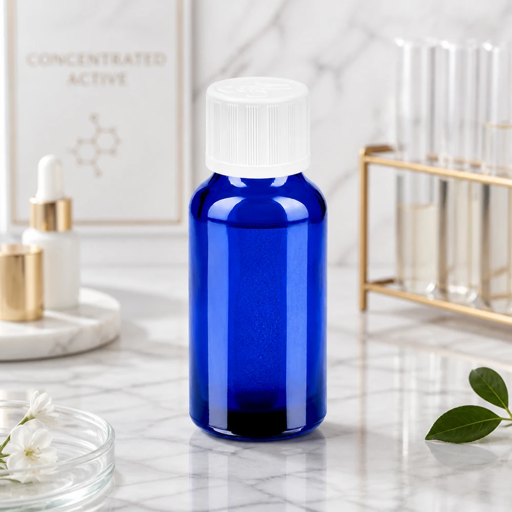 Frasco de vidrio BlueLine de 20 ml con tapón de rosca a prueba de niños, ideal para farmacias y laboratorios