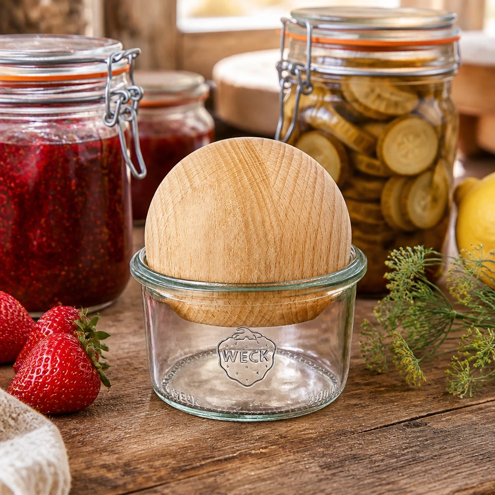 WECK 200ml RR80 mason jar en un ambiente de cocina natural con tarros de conserva y alimentos frescos