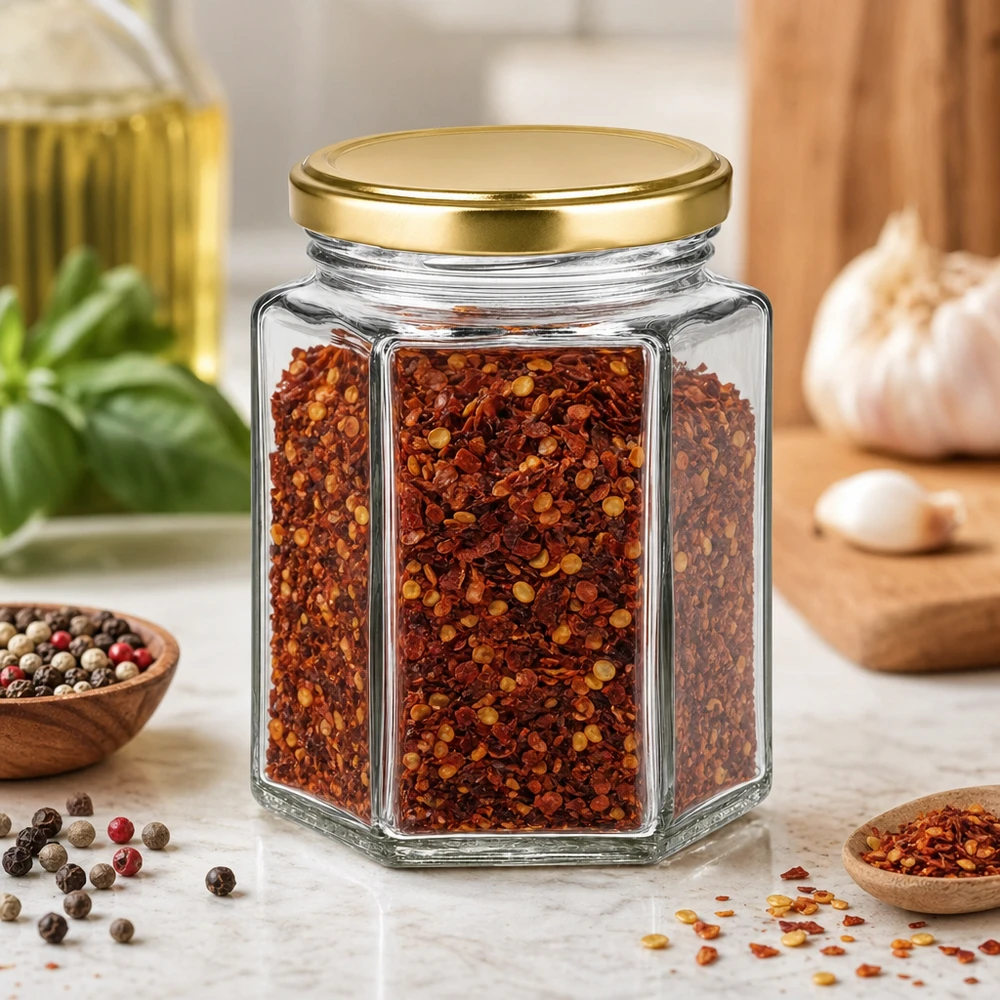Tarro de miel de 250 g BasicSeal hexagonal relleno de chile picante en cocina de especias entre granos de pimienta y hierbas aromáticas