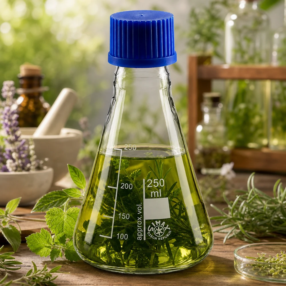 Matraz Erlenmeyer de 250 ml con marcas de medición y tapón azul para la determinación exacta del volumen