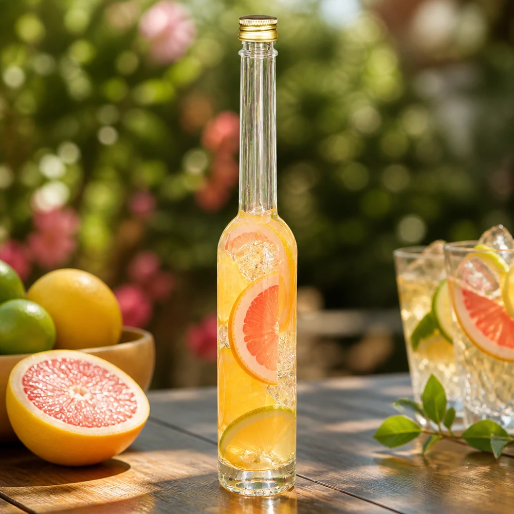 Botella de cristal de 100 ml Toni con bebida de pomelo - UNiTWIST tapón dorado en un ambiente veraniego de jardín con cítricos