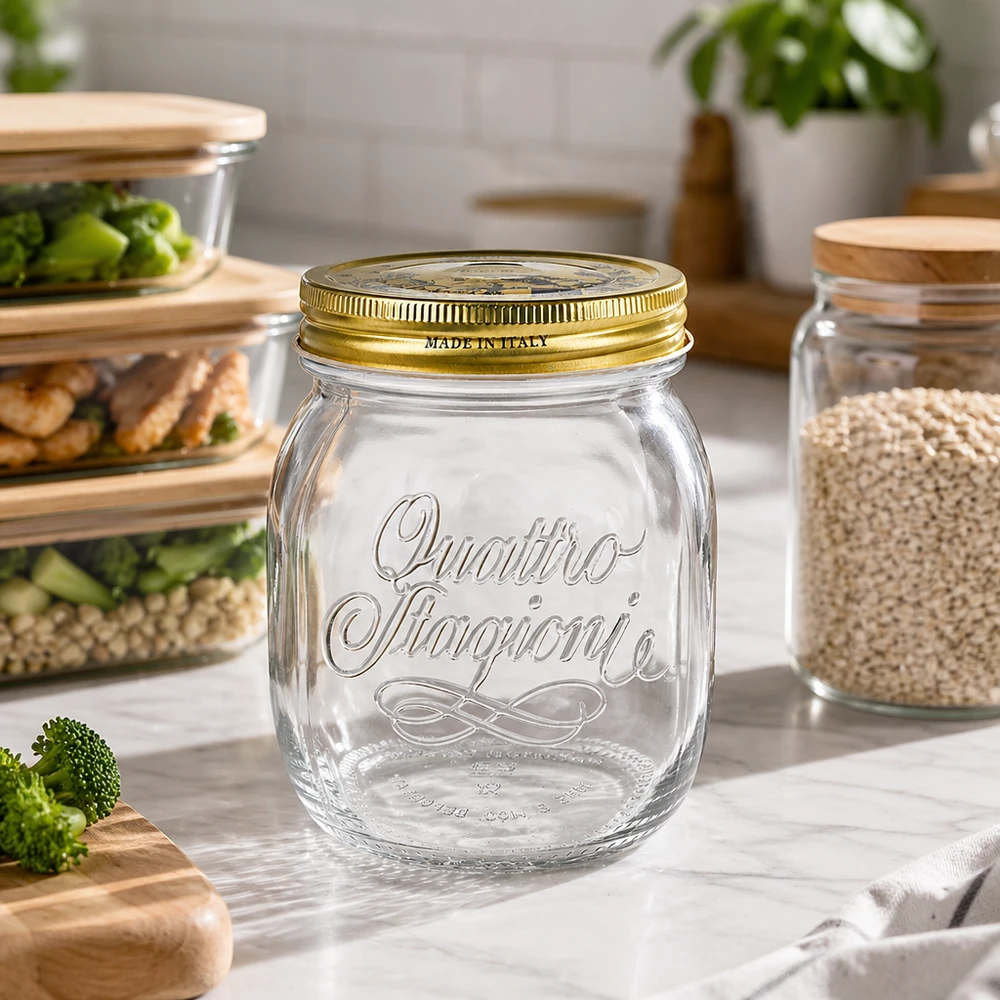 Tarro redondo "Quattro Stagioni" de 700 ml con tapa Quattro Stagioni Tarro redondo de 700 ml vacío en cocina moderna con recipientes para preparar comidas y tarros de almacenaje Organización en la cocina