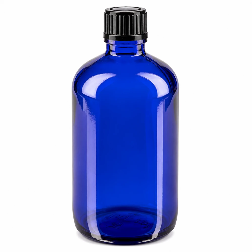 Botella de farmacia azul 100ml tapón de rosca negro estándar Frasco de farmacia de cristal azul de 100 ml con tapón de rosca negro de 11 mm