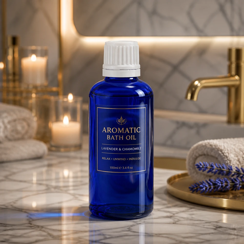 Botella de farmacia azul 50ml tapón cuentagotas 1,2mm blanco cierre inviolable Botella de cristal azul de 50 ml con dosificador de gotas blanco de 0,7 mm para aceites de baño y productos de bienestar