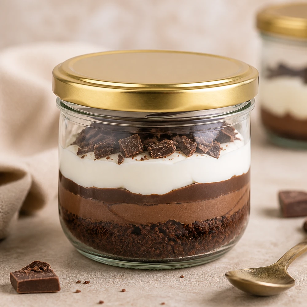 Los vasos BasicSeal dorados UNiTWIST de 260 ml rellenos de postre de chocolate demuestran su idoneidad para postres dulces