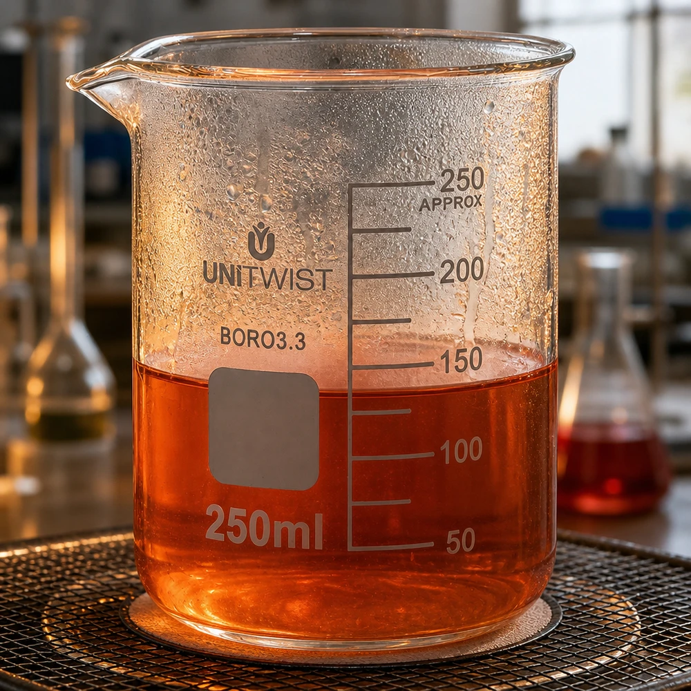Vaso de precipitados UNiTWIST de 250 ml, de borosilicato, de forma baja, con líquido naranja sobre una rejilla de laboratorio