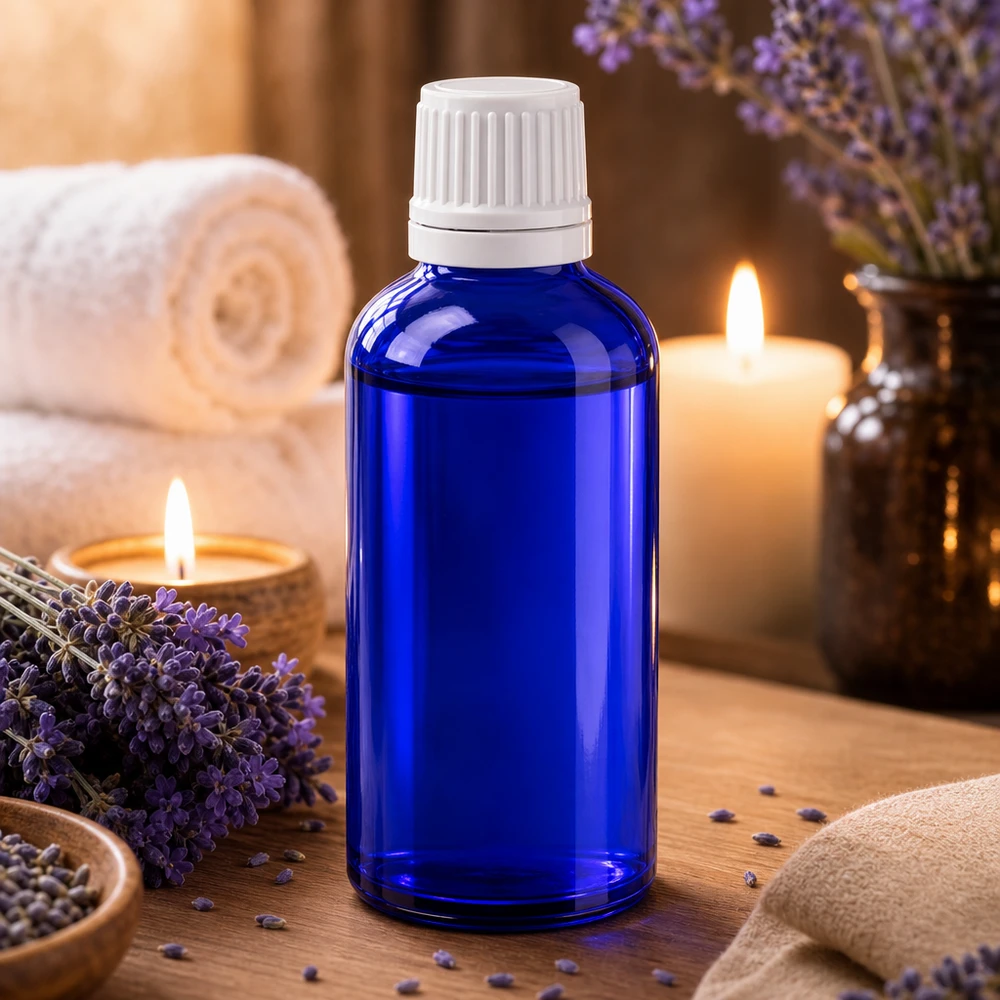 Frasco cuentagotas azul de 50 ml, de cristal de farmacia, con tapón original blanco para aceites esenciales
