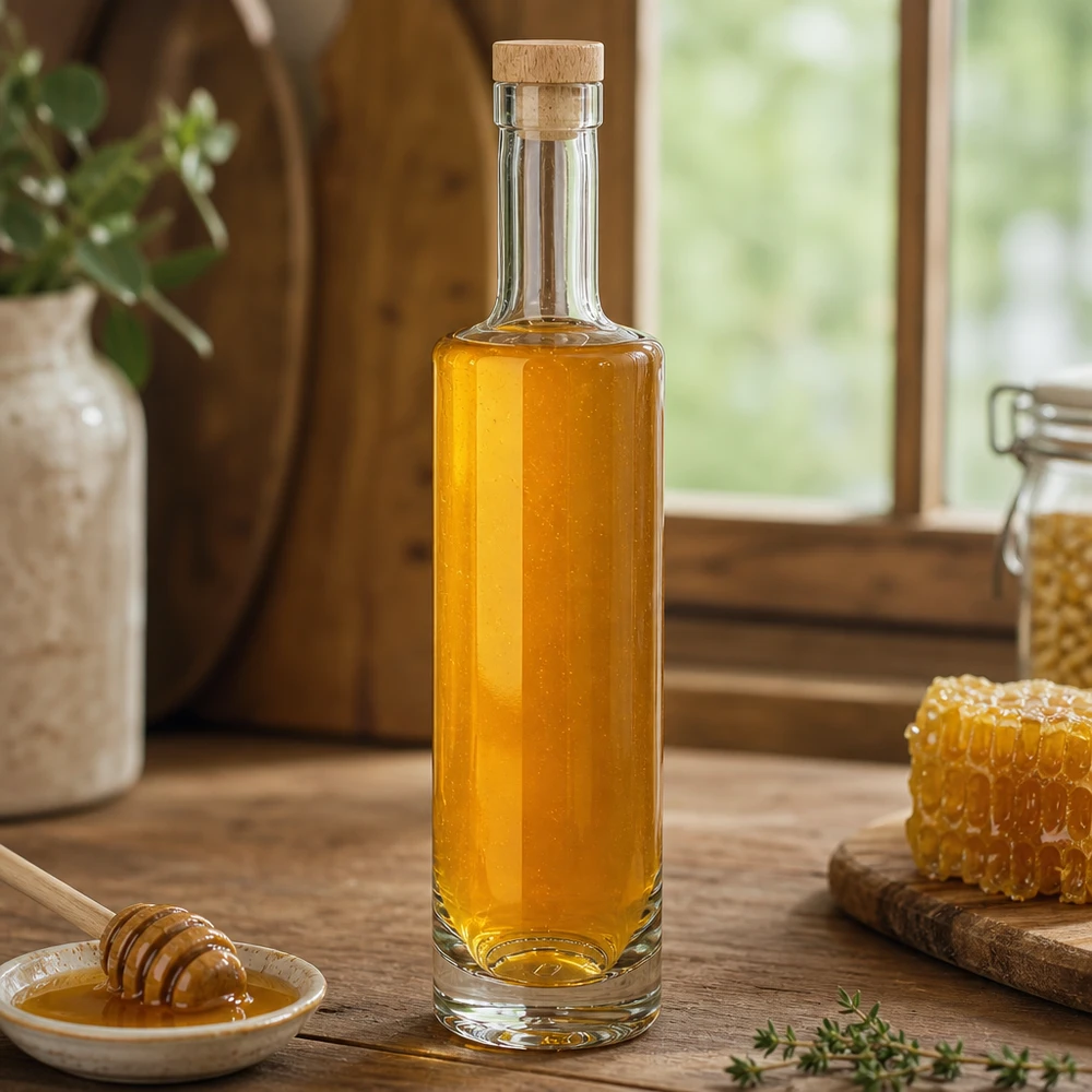 Botella de vidrio de 500 ml «Lina» con tapón de corcho con asa de madera UNiTWIST® 500ml Glasflasche Lina mit Holzkorken gefüllt mit Honig neben Bienenwabe rustikale Landküche natürliche Zutaten