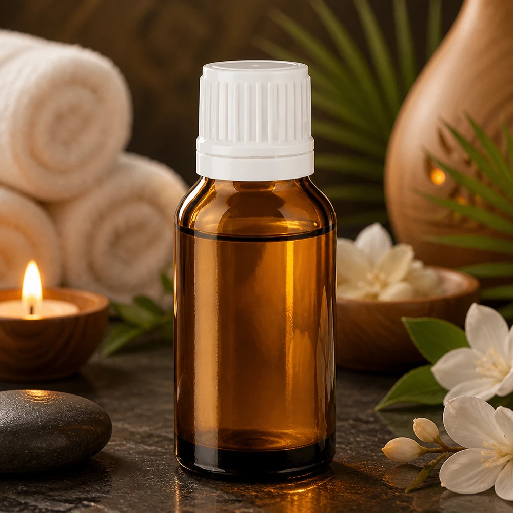 Botella de farmacia marrón 15ml tapón cuentagotas 1,2mm blanco cierre inviolable Frasco cuentagotas marrón de 15 ml con tapón blanco, rodeado de flores blancas y piedras de masaje en el spa
