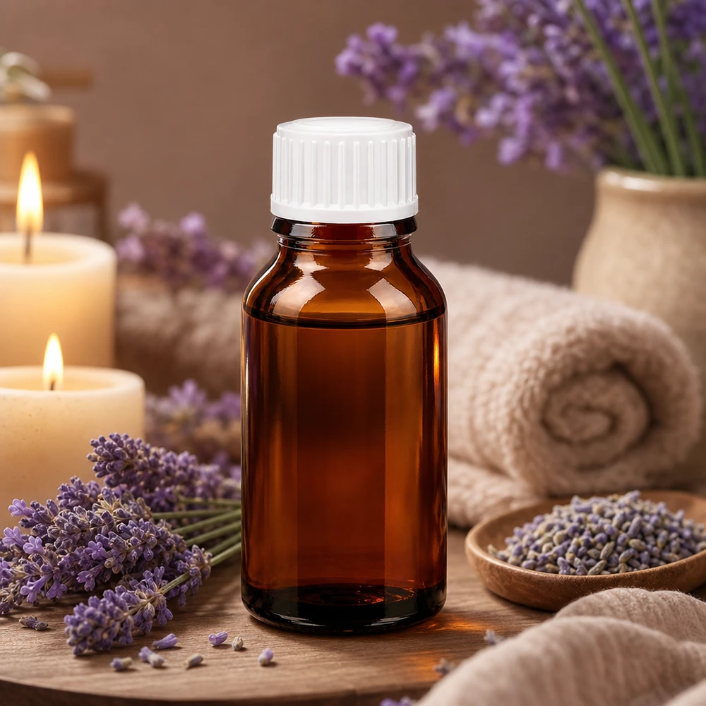 Frasco de farmacia de 15 ml, de color marrón, con tapón cuentagotas blanco de 0,8 mm, rodeado de flores de lavanda y velas