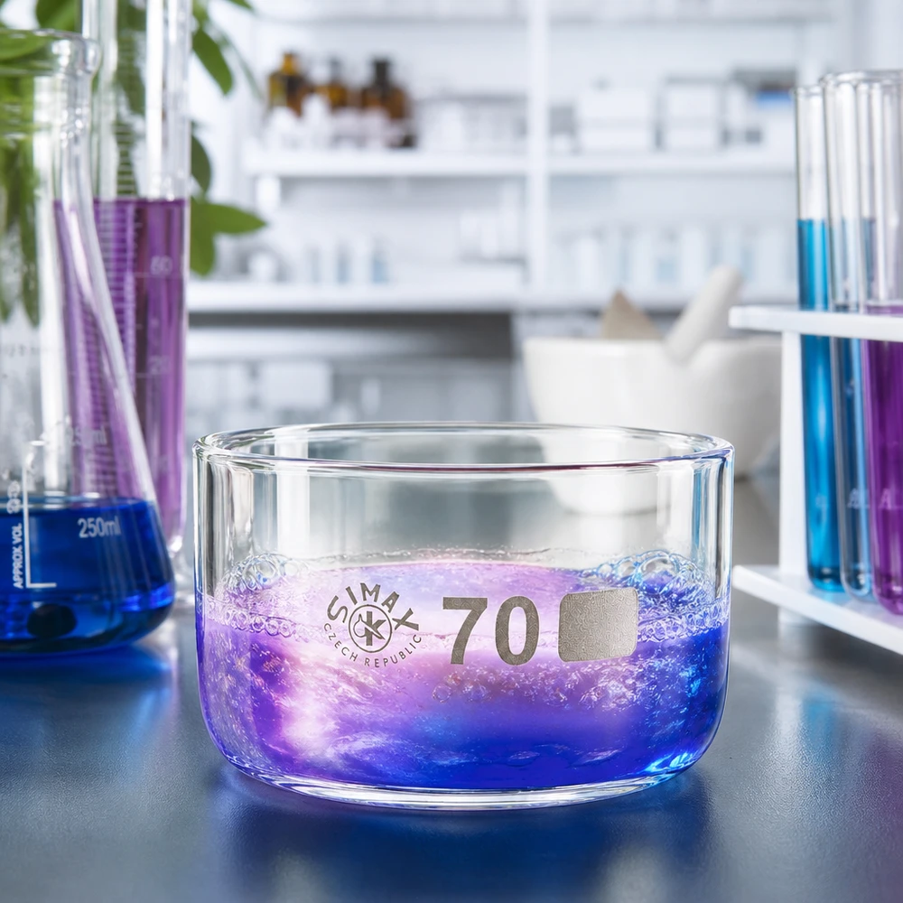 Cristalizador 100ml sin pico borosilicato ø70mm Bandeja de cristalización Simax de 100 ml con solución reactiva azul-violeta y burbujas efervescentes: experimento de laboratorio