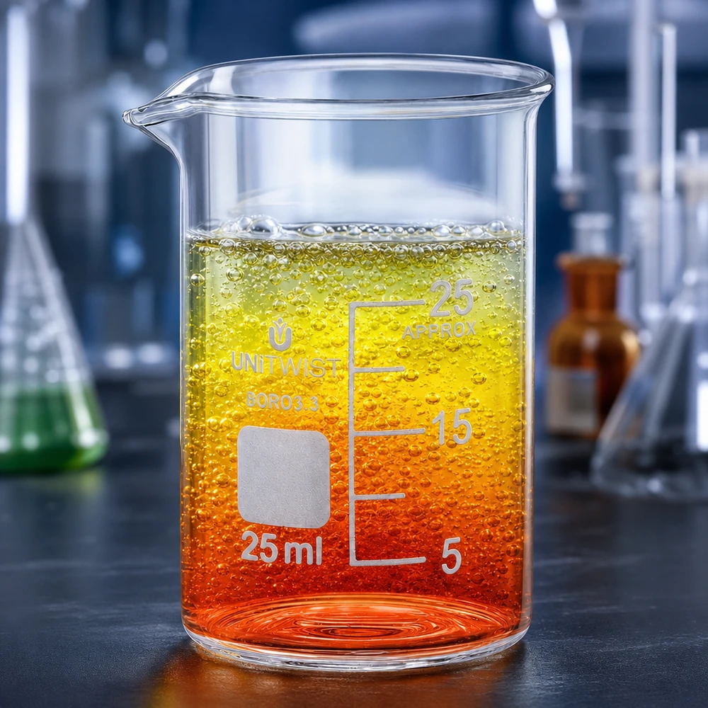 Vaso de cristal UNiTWIST de 25 ml, de forma baja, con degradado de color naranja a amarillo y burbujas