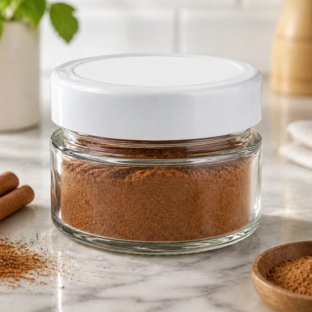 El tarro redondo de 80 ml lleno de polvo marrón muestra un uso práctico para especias y almacenamiento en la cocina