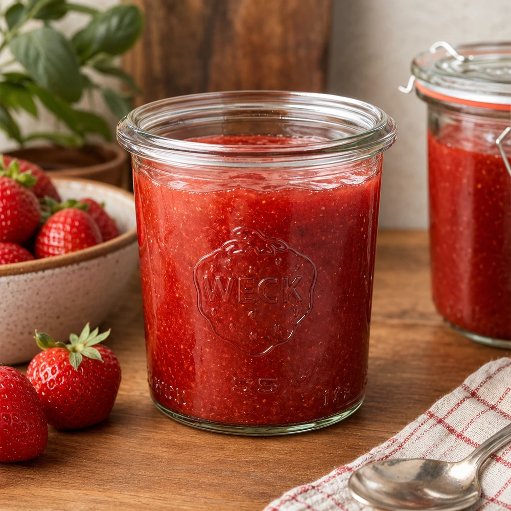 Tarro WECK RR60 de 140 ml lleno de mermelada de fresa casera sobre una mesa de madera con fresas frescas