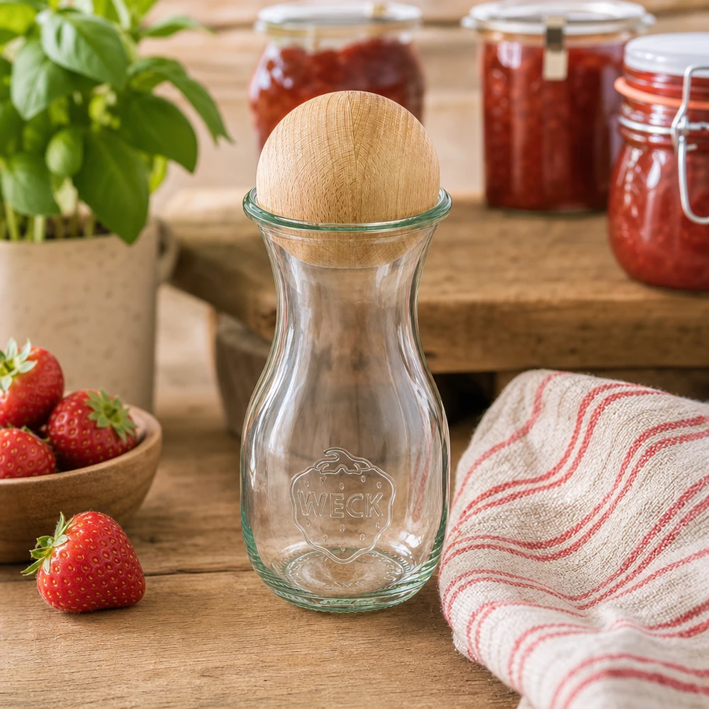 Botella de cristal WECK 290ml RR60 con tapón de bola de haya en una cocina rústica junto a tarros de fresas y mermelada