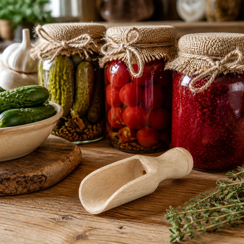 Pala de madera tamaño XS forma semicircular - 52mm de largo Pala de madera XS en una cocina rústica entre tarros de conserva con verduras encurtidas y mermelada
