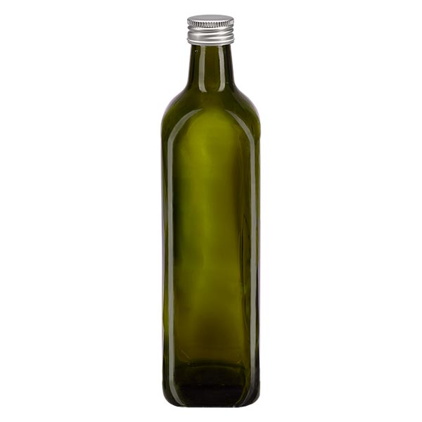 Botella rosca 750ml cuadrada verde oliva con tapón plateado Botella rosca 750ml cuadrada verde oliva con tapón plateado