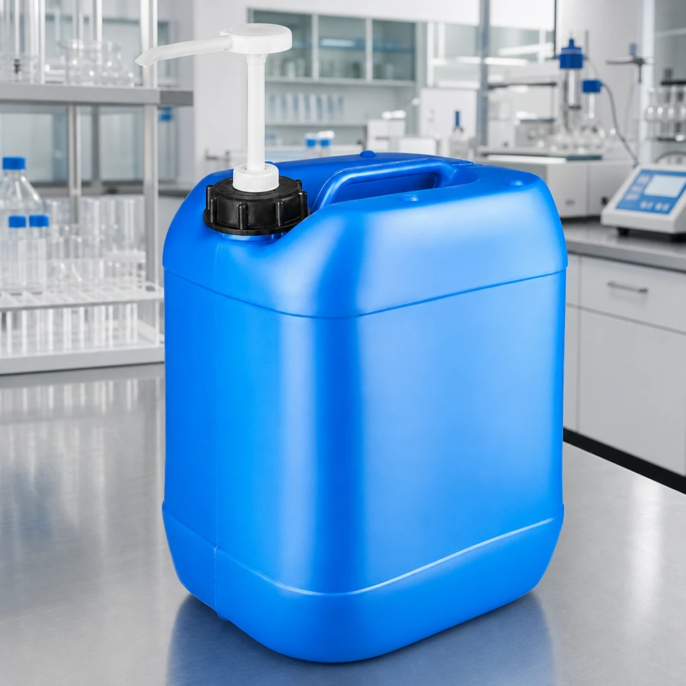 Bidón 20 litros azul con bomba dosificadora Bidón azul de 20 litros con bomba dosificadora en un entorno de laboratorio, sobre una mesa de acero inoxidable