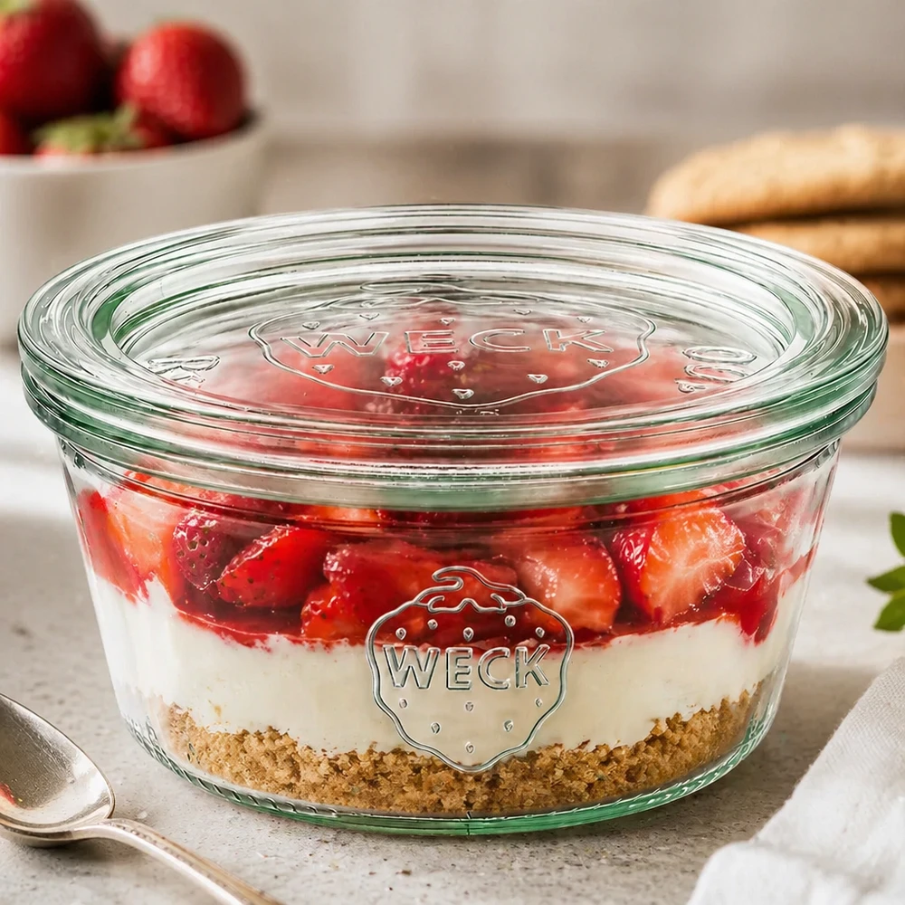 Los vasos WECK de 290ml RR100 rellenos de postre con capas de fresa muestran un uso versátil como tarro de postre con tapa de cristal