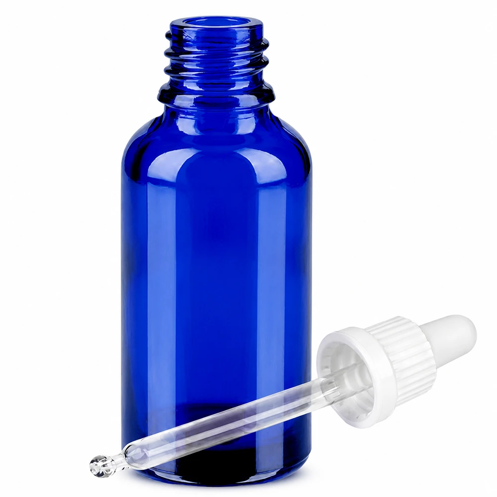 Frasco de vidrio de 30 ml con pipeta para aceites esenciales BlueLine UT18 DIN18 rosca azul cobalto