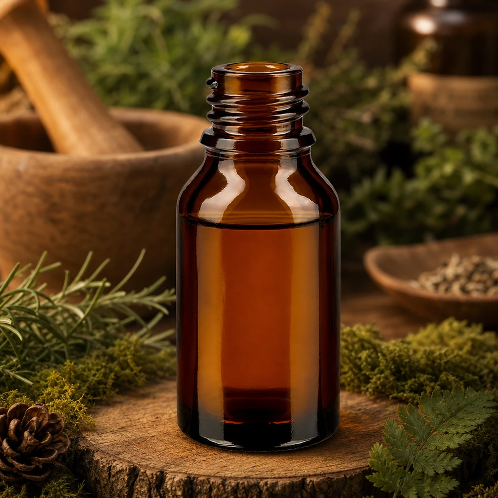 Frasco cuentagotas 30 ml DIN 18 de vidrio ámbar HOHE FORM Frasco de farmacia ApoGlas marrón de 30ml forma alta con piñas de musgo cosmética natural ambiente de bosque cuenco de madera