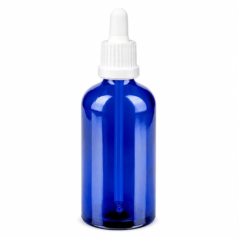 Frasco pipeta 100ml cierre inviolable blanco BlueLine UT18/100 Frasco pipeta 100ml azul de vidrio con pipeta blanca para una dosificación precisa