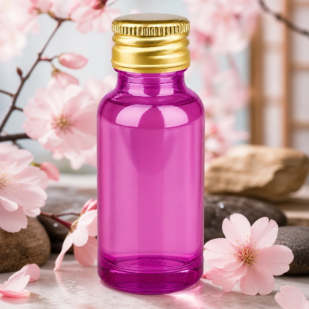 Frasco de cristal violeta de 20 ml para aromaterapia y aceites esenciales con tapón dorado