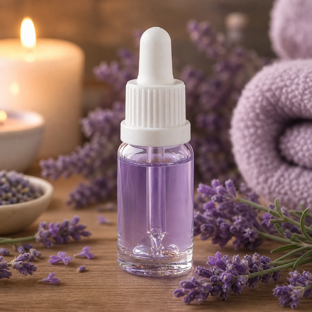 Esencia de lavanda en frasco con pipeta de 10 ml, blanco, OV ClearLine UT18/10, con contenido violeta