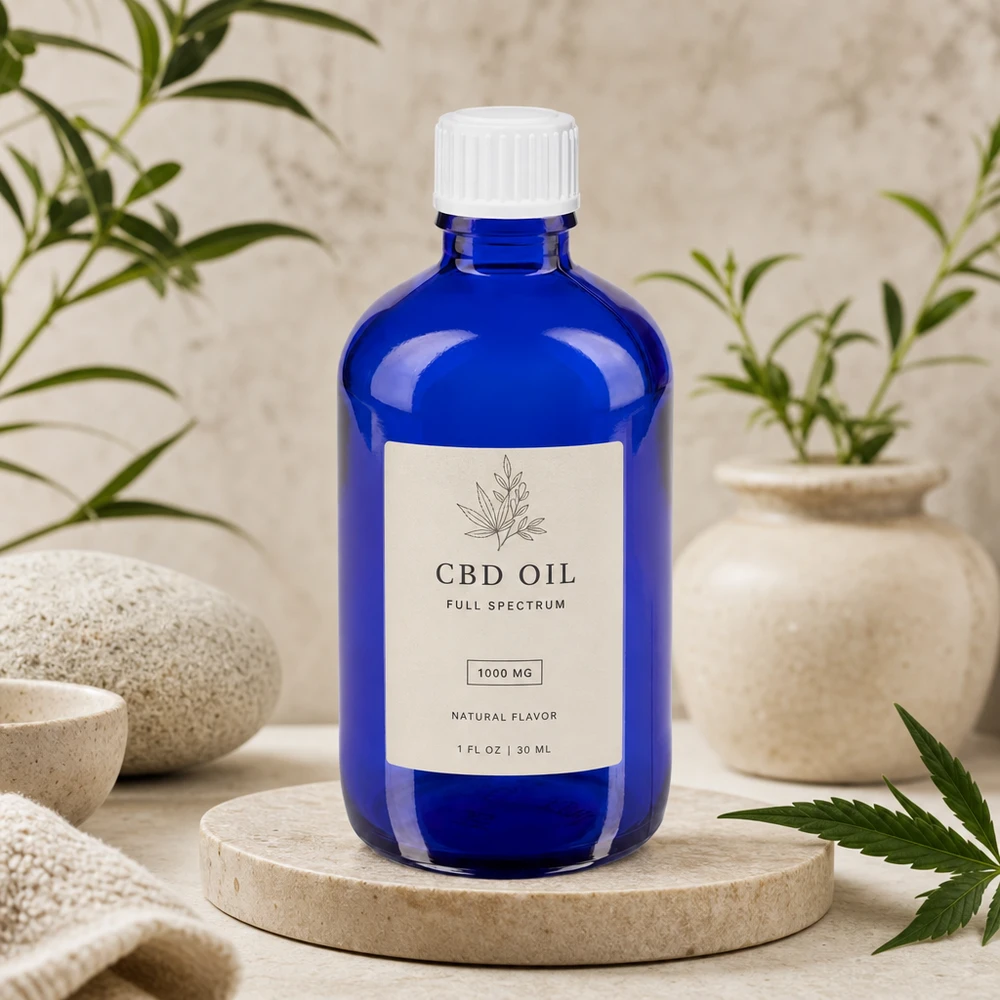 Frasco redondo azul de 100 ml, fabricado en vidrio con protección UV, con un dosificador blanco de 0,9 mm para aceite de CBD