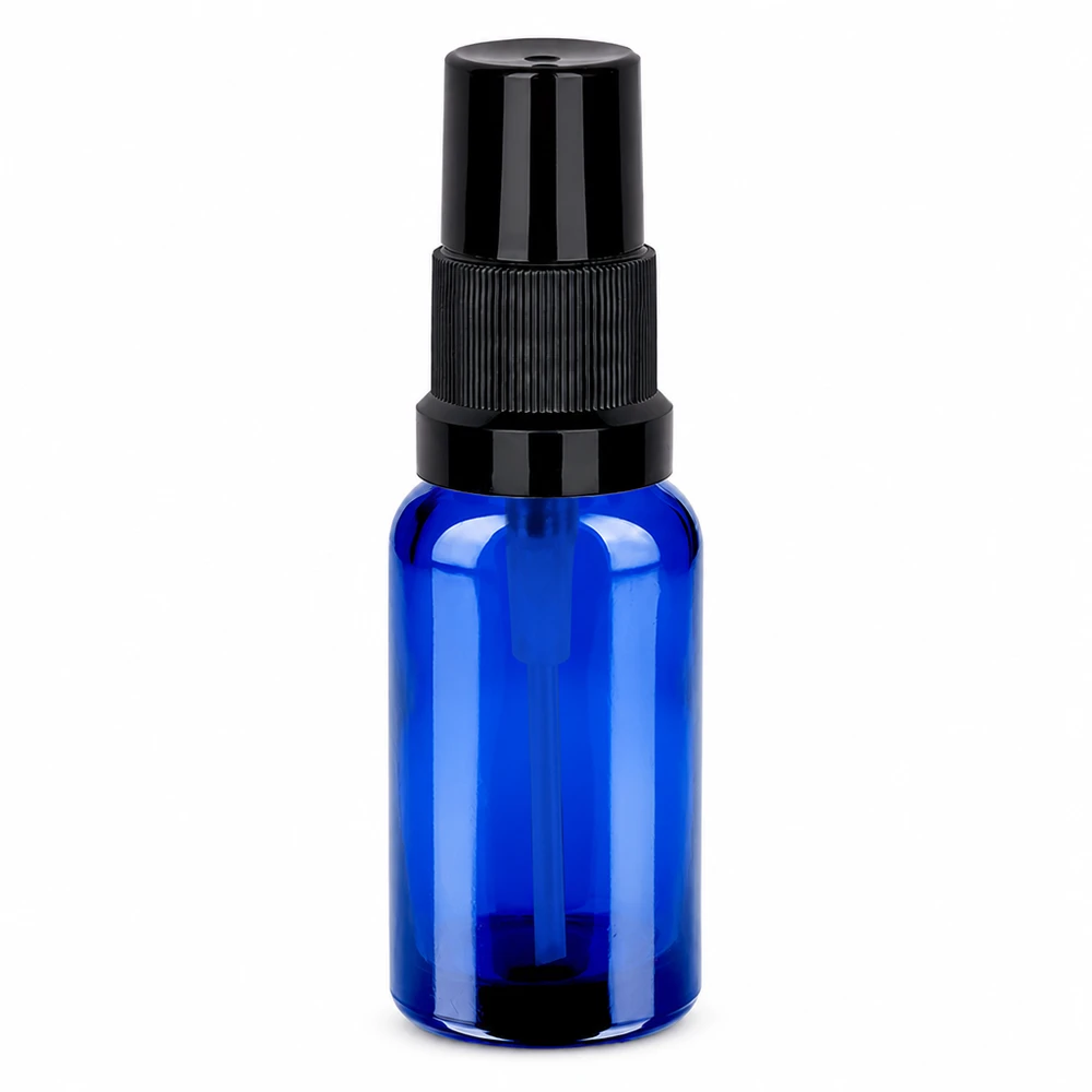 Frasco pulverizador negro de 20 ml con tapón estándar BlueLine UT18/20 Frasco pulverizador de 20 ml negro STD BlueLine UT18/20 de vidrio azul de alta calidad con cabezal pulverizador negro