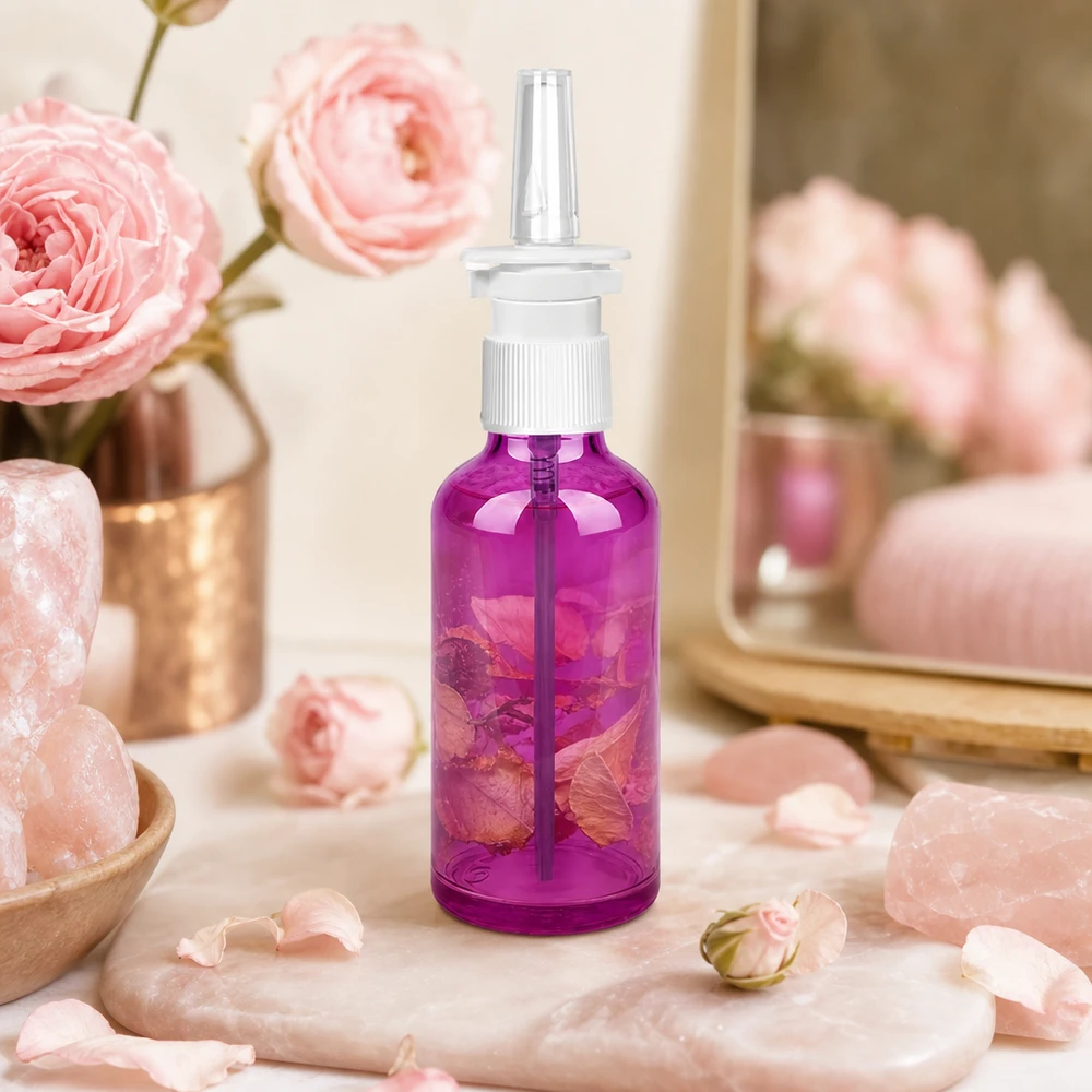 Frasco pulverizador nasal de 50 ml blanco/transparente estándar PurpleLine. UT18/50 Pulverizador nasal de 50 ml de alta calidad con cabezal blanco en elegante color púrpura para aromaterapia