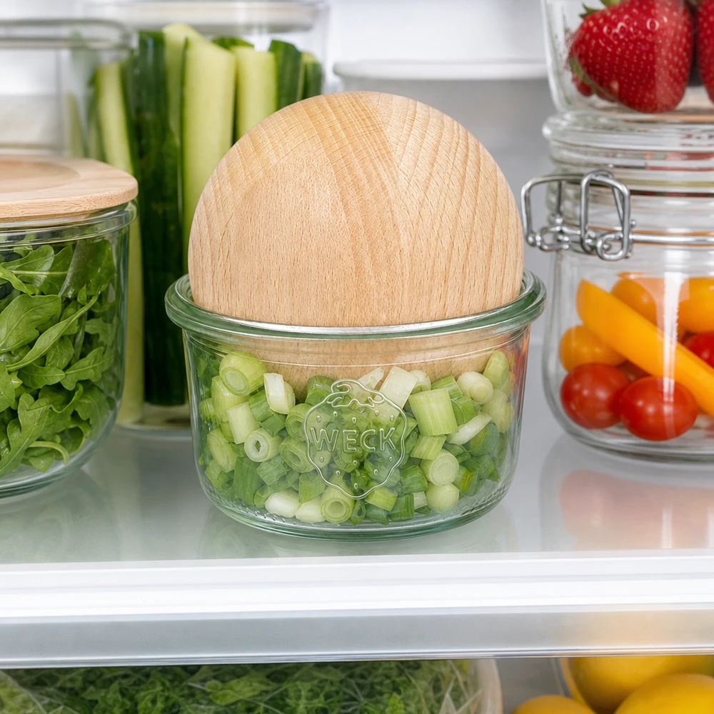 WECK RR80 Vaso de 165 ml con bola de haya en el frigorífico para guardar cebollino y verduras frescas