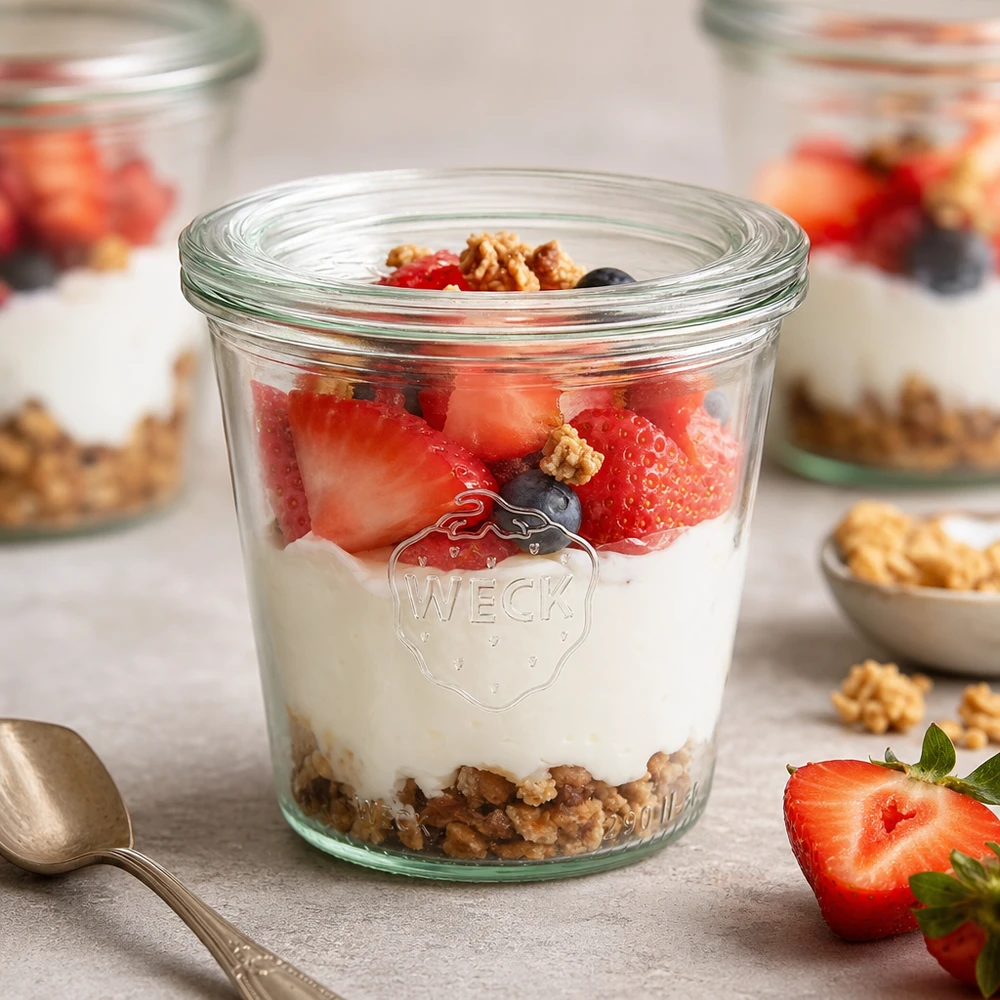 Vasos WECK 290ml RR80 con postre de capas de yogur fresas arándanos y nueces como idea de desayuno