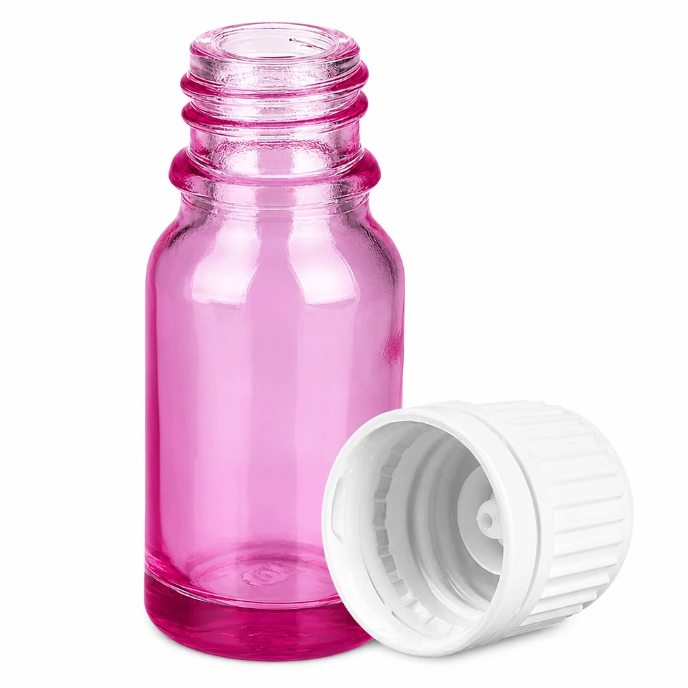 Pequeño frasco de vidrio violeta de 10 ml con práctico tapón blanco para aromaterapia y cosmética