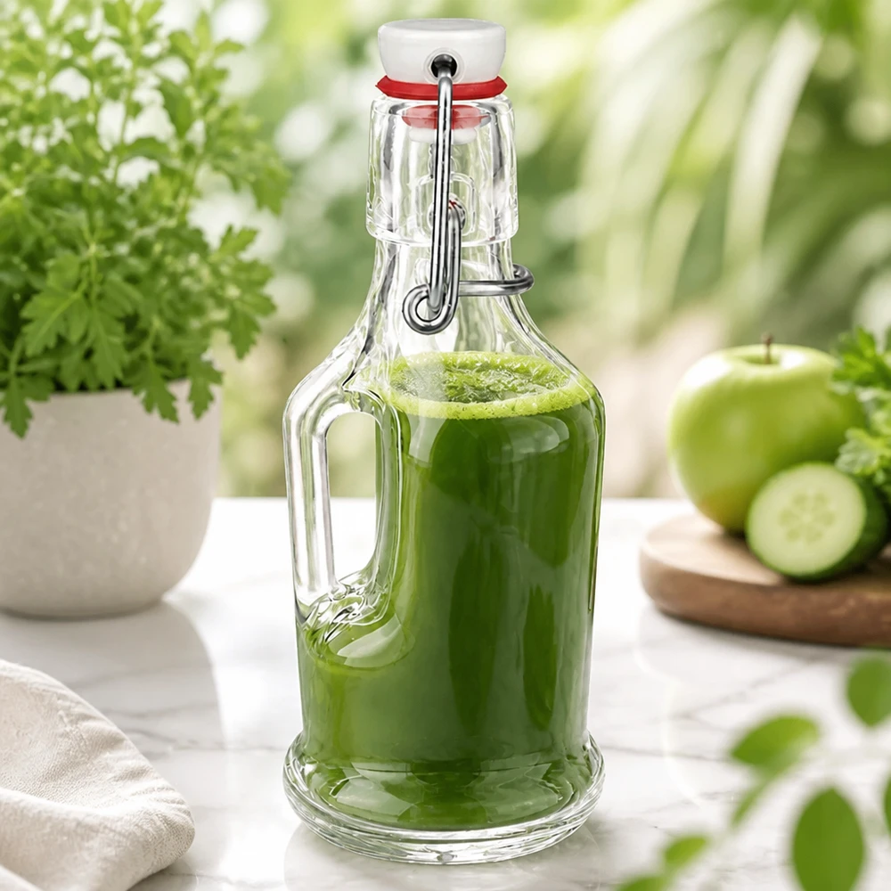 Botella de vidrio de 200 ml «Bertha» y tapón de PVC UNiTWIST® Glasflasche Bertha 200ml mit grünem Smoothie befüllt, Bügelverschluss, natürliche Küchendeko mit frischen Zutaten