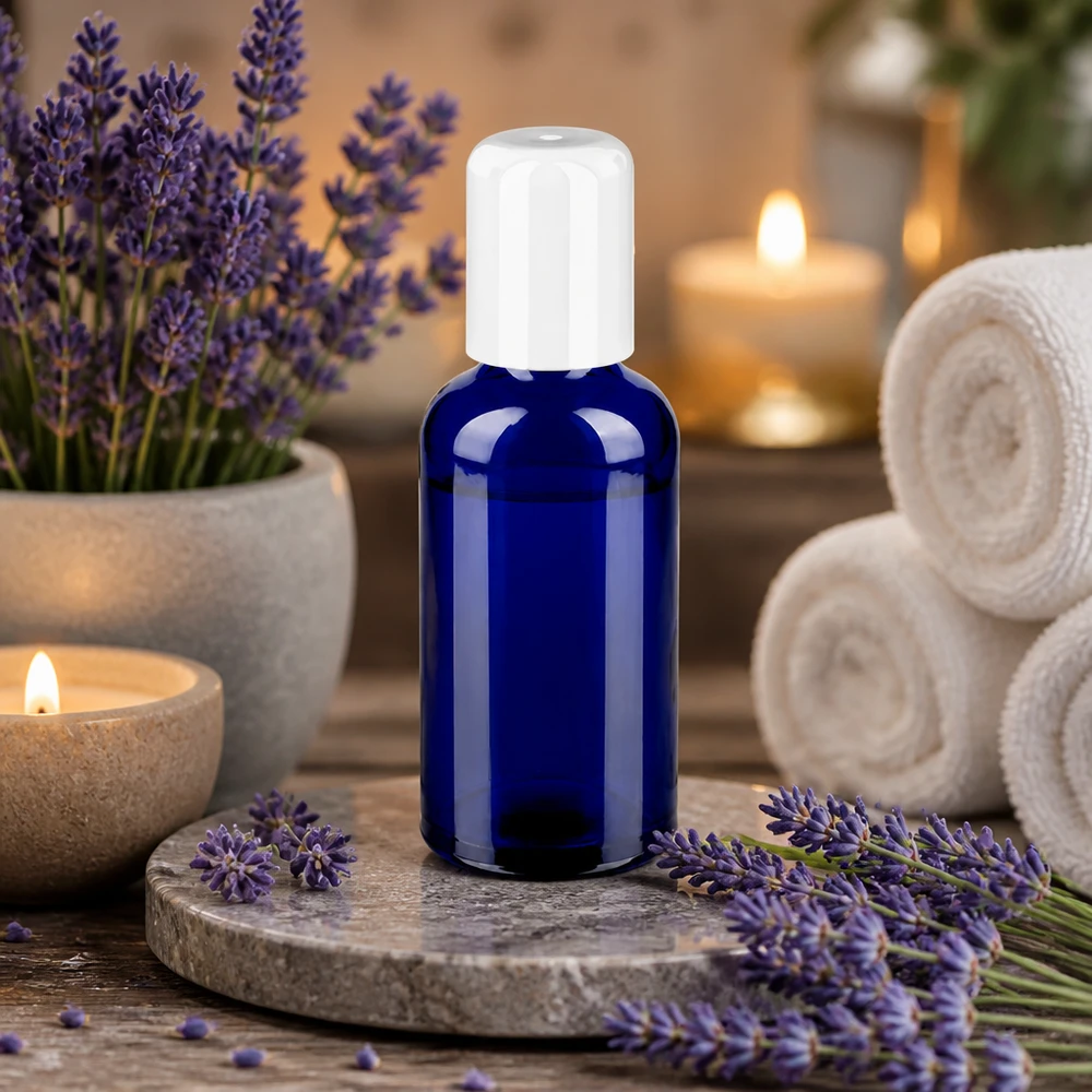 Frasco de cristal azul de 50 ml con tapón roll-on para aromaterapia y productos de cuidado natural