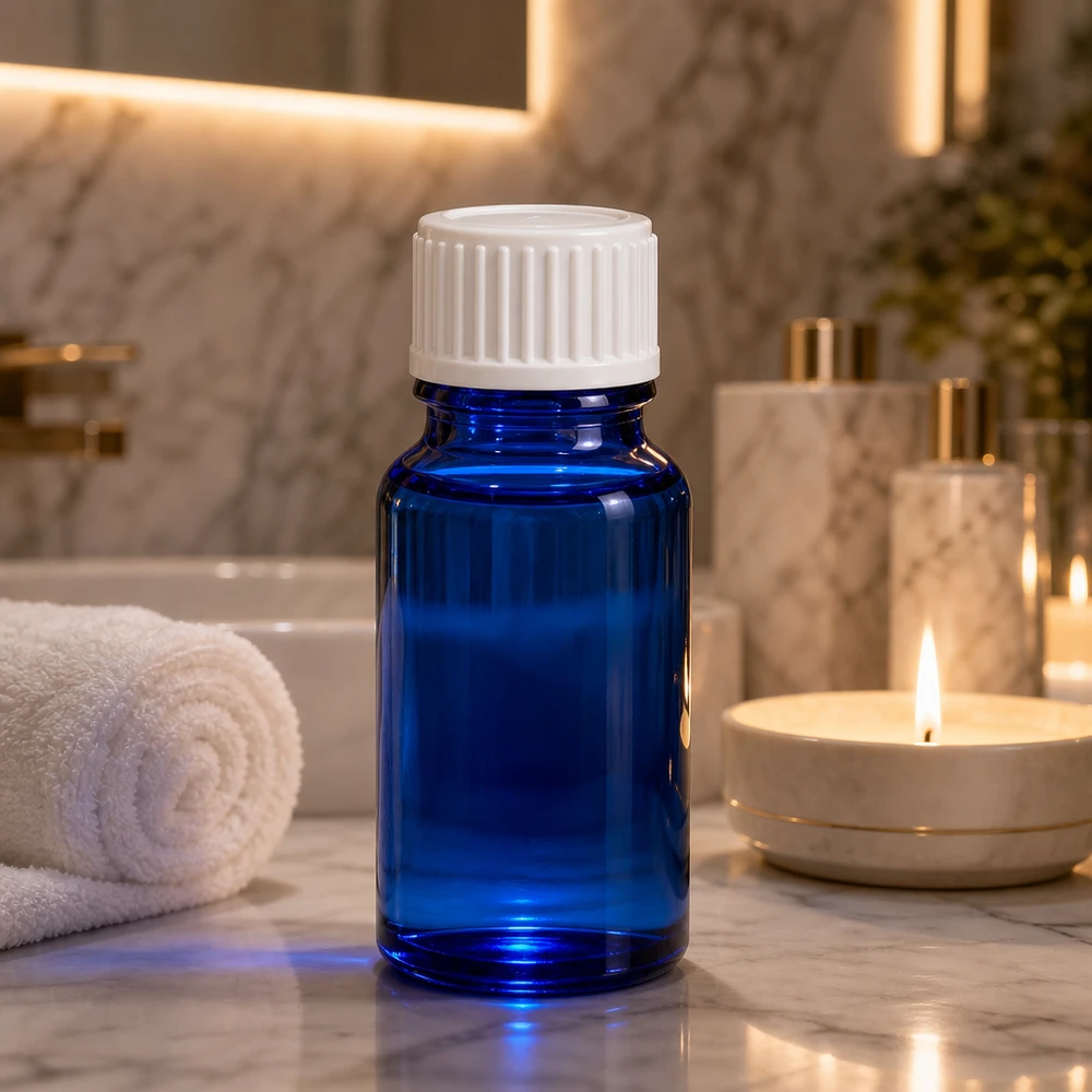 Botella de farmacia azul 10ml tapón rosca blanco estándar Frasco de farmacia azul de 10 ml, de vidrio cobalto, con tapón estándar blanco de 11 mm, a prueba de la luz