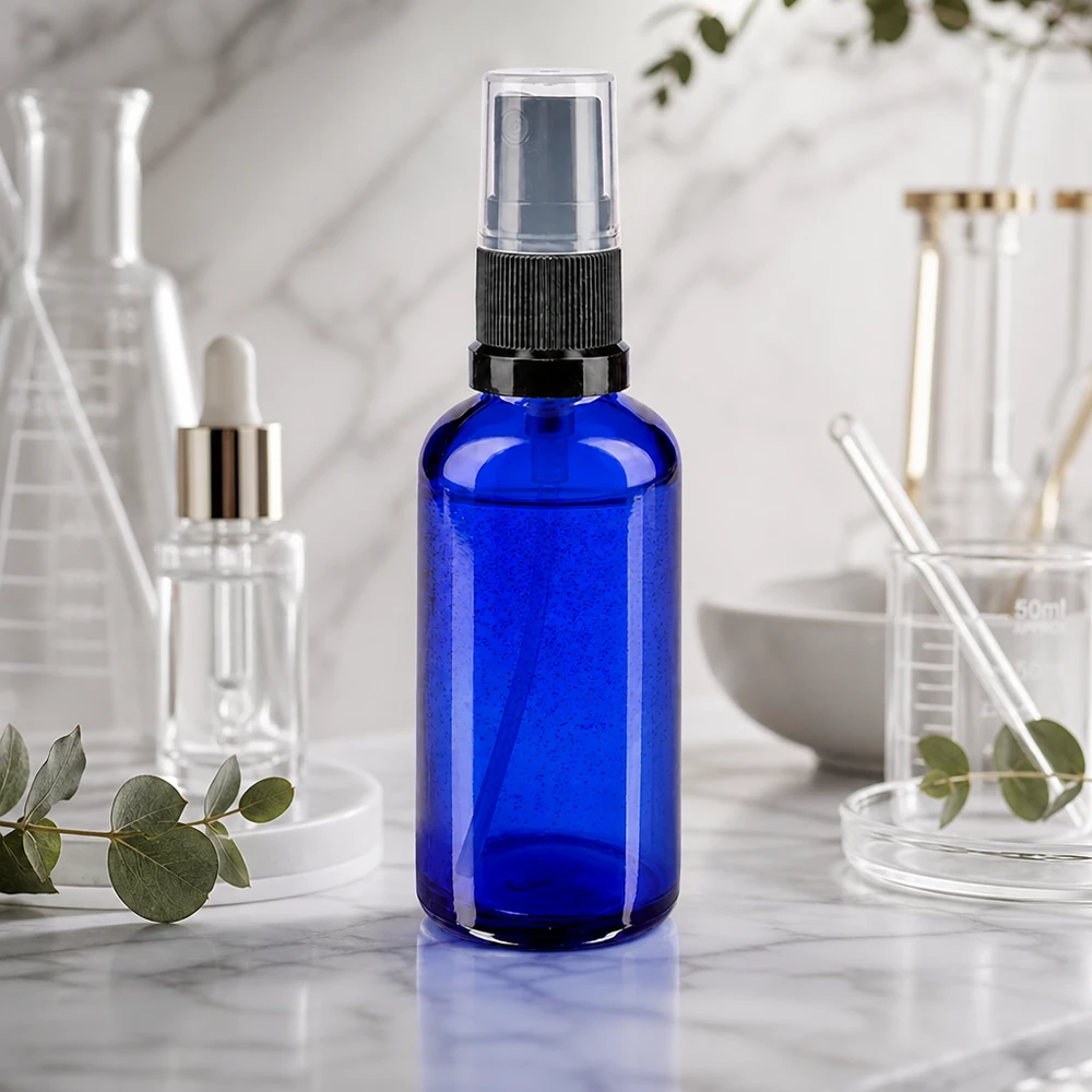 Botella de farmacia azul 50ml atomizador negro Botella de cristal azul de 50 ml con pulverizador de niebla fina y tapón transparente en un entorno de laboratorio