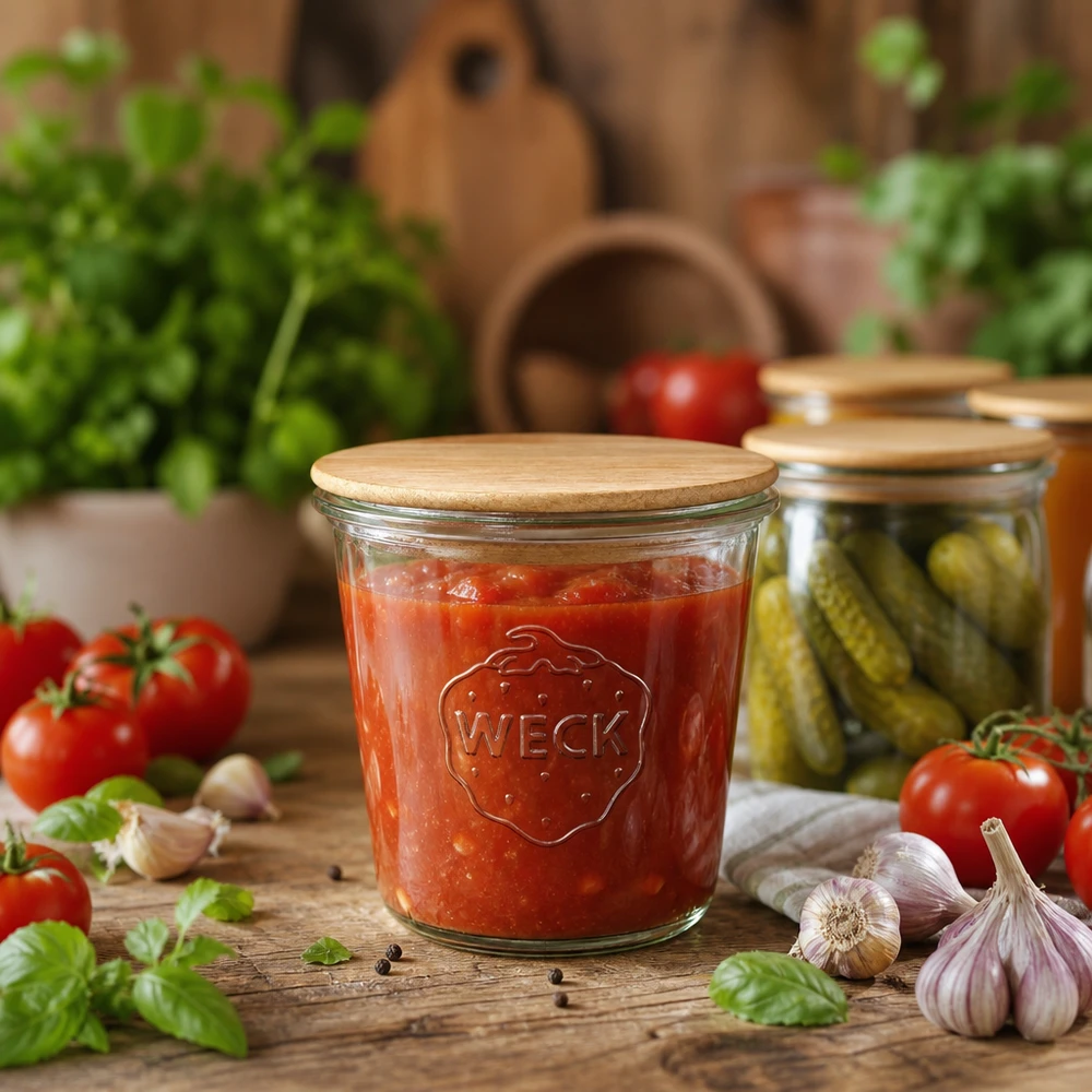Tarro de conserva WECK de 580 ml con tapa de madera lleno de salsa de tomate, rodeado de ingredientes frescos y pepinillos
