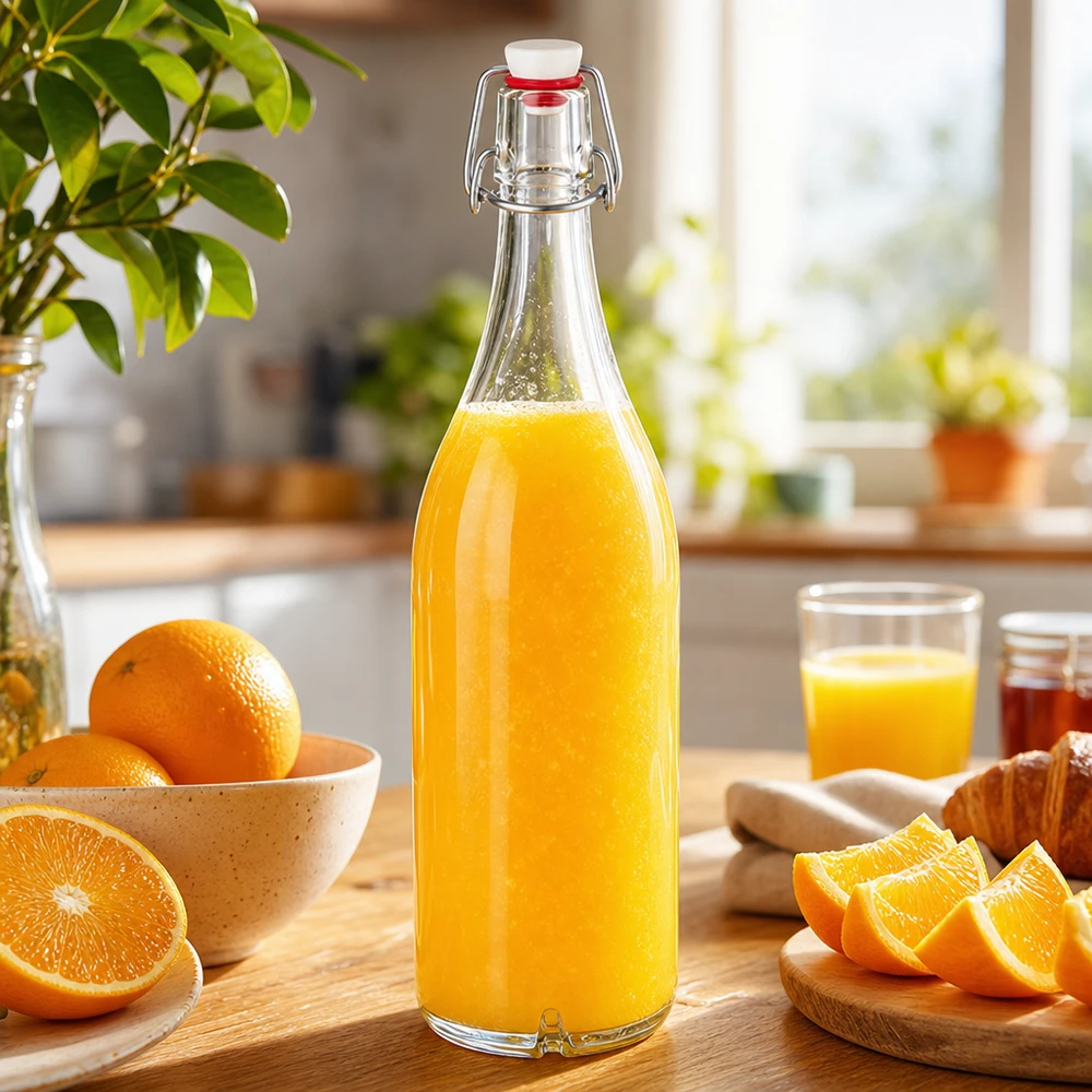 Botella de cristal de 1000 ml con tapón oscilante llena de zumo de naranja natural junto a naranjas en la mesa de la cocina