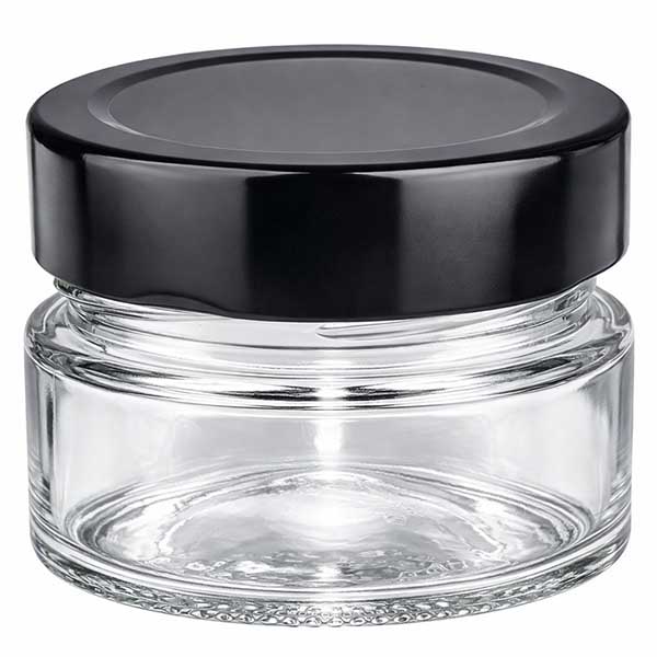 Tarro redondo de 80ml + tapa BasicSeal negro profundo UNiTWIST Tarro redondo de 80 ml con tapa negra BasicSeal Tapa UNiTWIST tarro cosmético vacío transparente