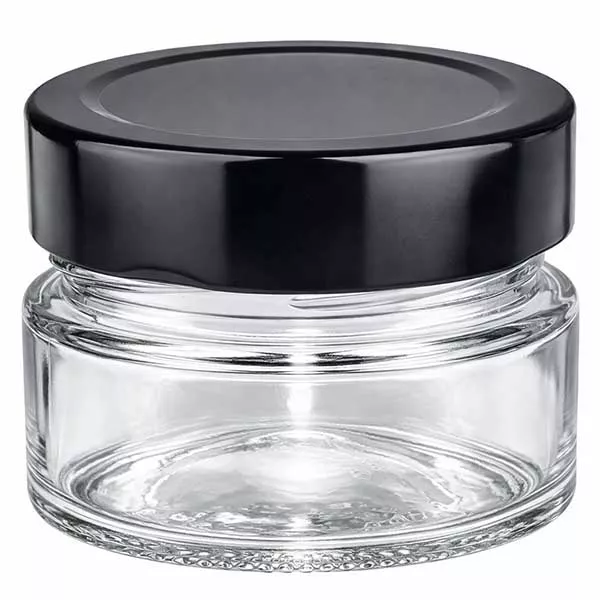 Tarro redondo de 80ml + tapa BasicSeal negro profundo UNiTWIST Tarro redondo de 80 ml con tapa negra BasicSeal Tapa UNiTWIST tarro cosmético vacío transparente