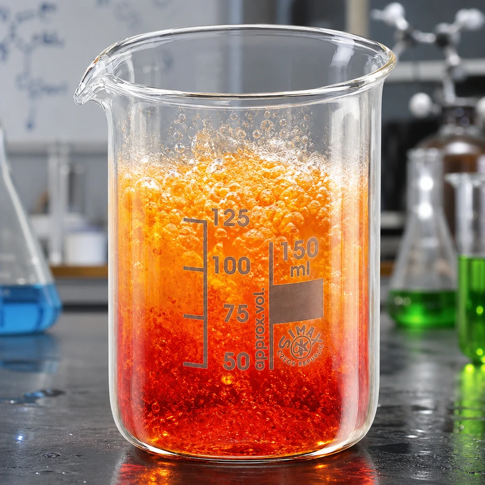 Vaso 150ml vidrio borosilicato, forma baja Vaso de laboratorio de calidad de 150 ml de forma baja con solución de reacción de color rojo anaranjado y escala de mililitros clara