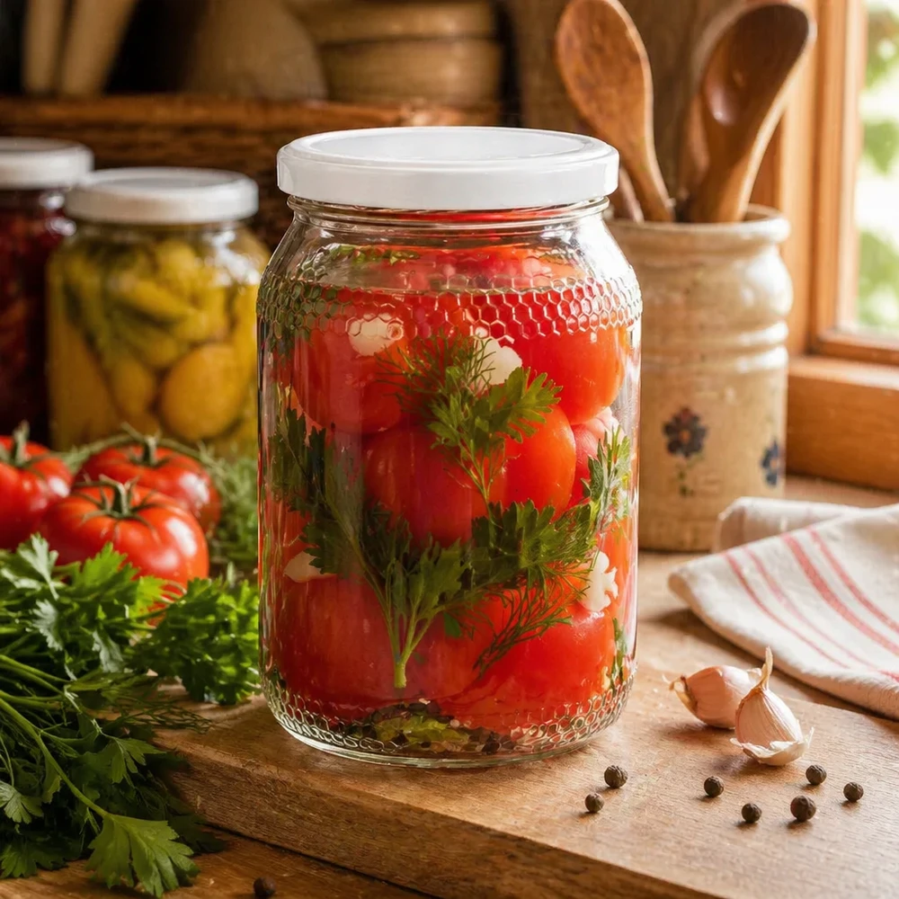 Tarro para miel de 1260 g con tapa blanca BasicSeal UNiTWIST Tarro de miel de 900 ml con tomates y hierbas en escabeche muestra las opciones de conservación Tapa BasicSeal blanca