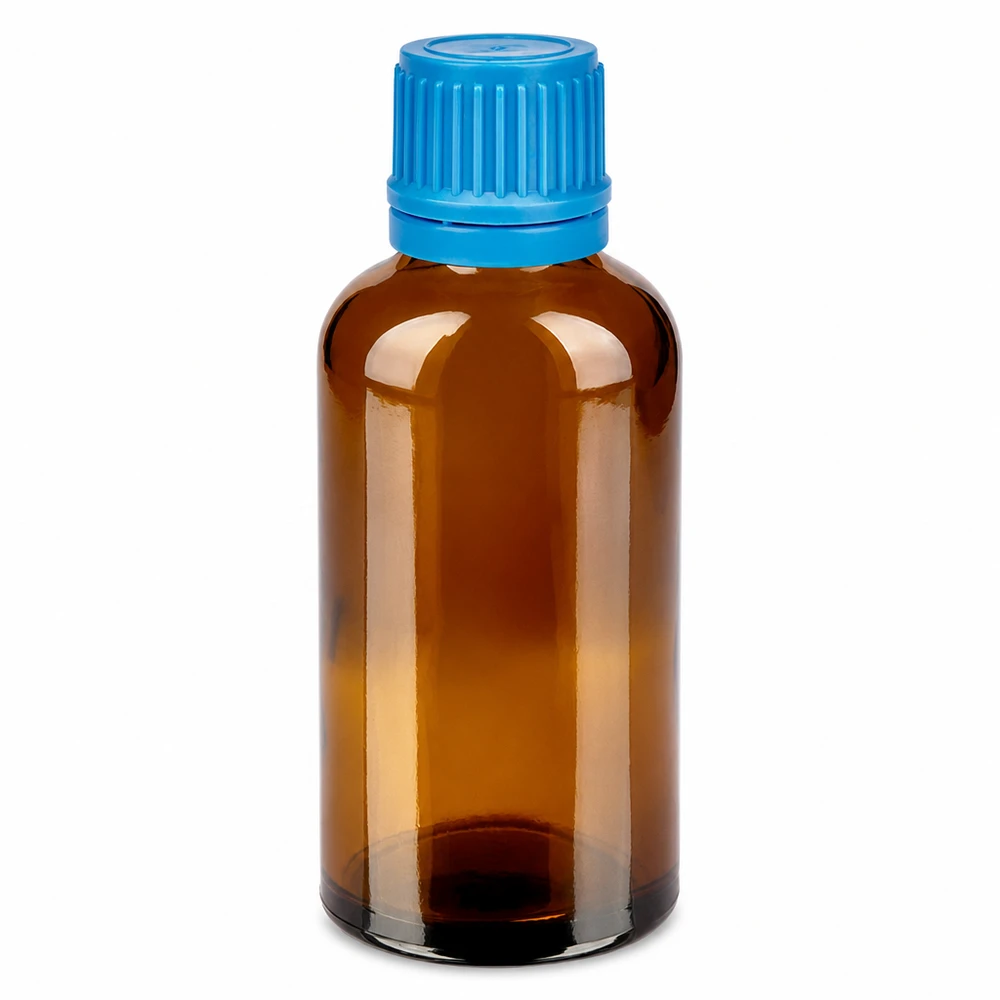 Frasco de cristal ámbar de 50 ml con tapón de rosca azul para medicamentos y gotas