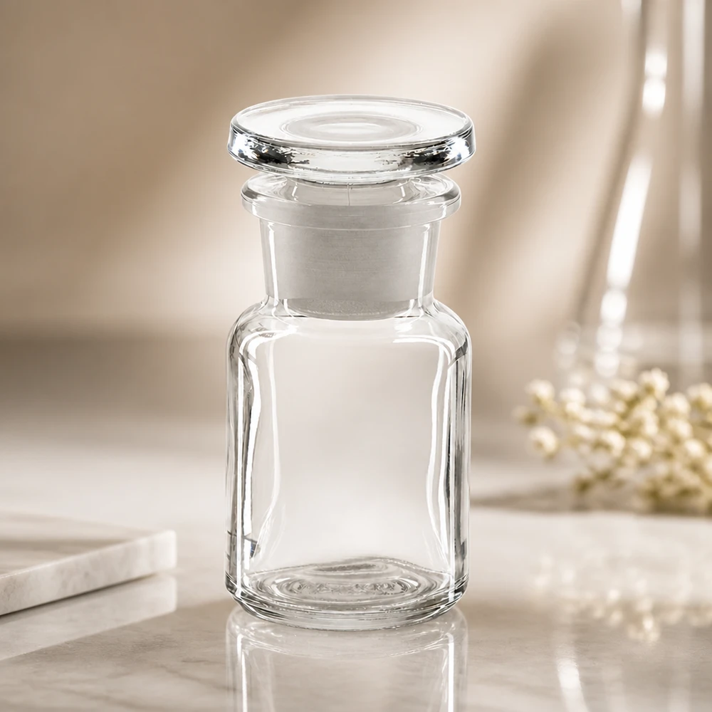 Botella de hombro redondo 50ml tapón de vidrio transparente de cuello ancho Frasco de farmacia transparente vacío de 50 ml con cuello ancho y tapón redondo de cristal sobre mármol